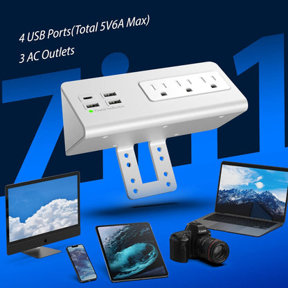 Nightstand Edge Mount Power Strip with USB-C Ports Tabletop Surge Protector Desk Clamp Power Sockets with 3 AC Outlets &4 Fast Charging USB Ports for Home Office Hotel and Dormitory