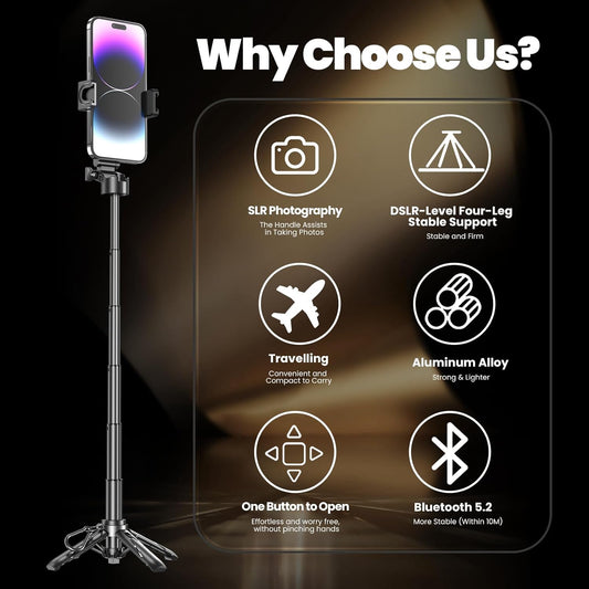 Mini Selfie Stick, Pocket Size Extendable Phone Holder with Wireless Detachable Remote Control for Content Creation/Vlog/Video Record/Live Stream