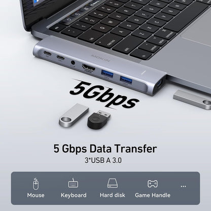 MacBook Pro Adapter, USB C Adapter for MacBook Pro/Air M1M2M3 2022 2021 2020 13" 15" 16", Mac Dongle with 4K HDMI, 3 USB 3.0, USB C 3.0 and 100W Thunderbolt 3, Audio, Support MagSafe 3 Charging