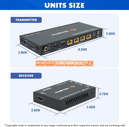 J-Tech Digital HDMI 2.0 4K 1x4 Splitter Extender Over Single Cable CAT6 with PoC Up to 196 FT 1-in 4-Out w/Local Loop Output & Low Latency [JTECH-14EX50]