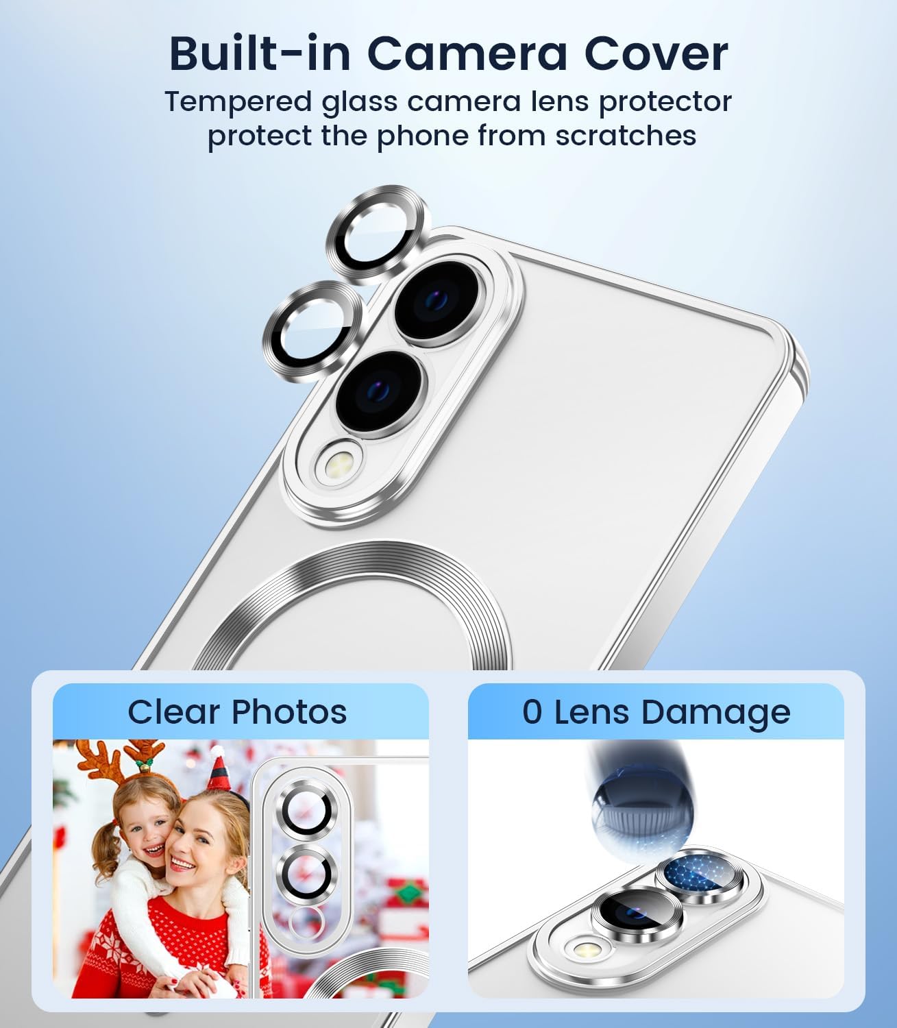 Slim Thin for Samsung Galaxy S25 Edge Case, Compatible with MagSafe, Built-in Camera Lens Protector, Shockproof Protective Phone Case, Soft Electroplated Clear Cover, Silver