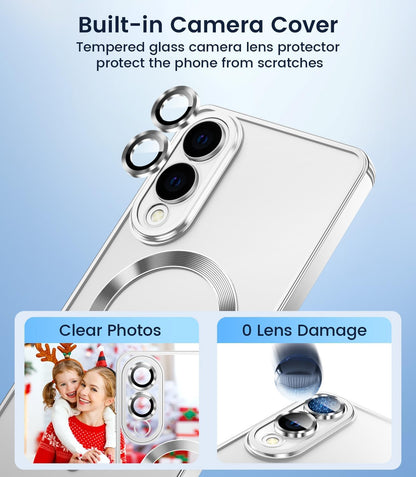 Slim Thin for Samsung Galaxy S25 Edge Case, Compatible with MagSafe, Built-in Camera Lens Protector, Shockproof Protective Phone Case, Soft Electroplated Clear Cover, Silver