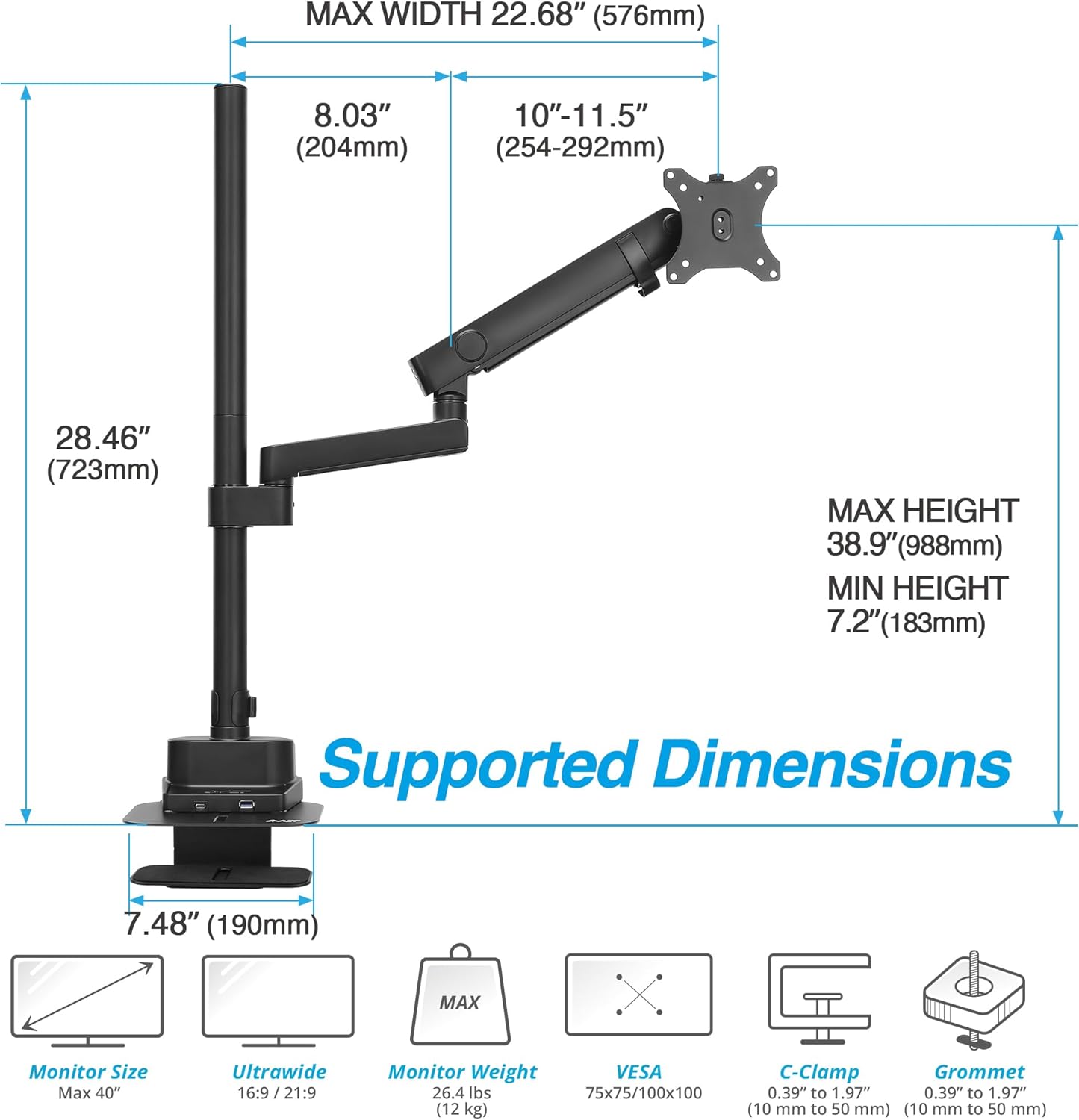AVLT Single 40 Inch Monitor Arm Pole Top Mount With USB-C USB-A Ports-Black, Supports 26.4 lbs (12kg), Ultrawide screen fit, VESA Compatible, Tilt, Swivel, Rotate, Ergonomic adjustable height, Durable