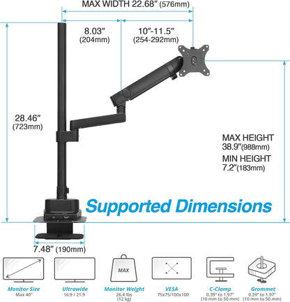 AVLT Single 40 Inch Monitor Arm Pole Top Mount With USB-C USB-A Ports-Black, Supports 26.4 lbs (12kg), Ultrawide screen fit, VESA Compatible, Tilt, Swivel, Rotate, Ergonomic adjustable height, Durable