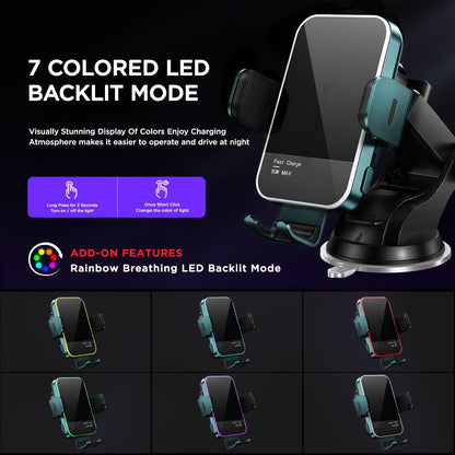 Wireless Car Charger,【7 Colored LED Backlit】 15W Auto Clamping Phone Mount Holder fit for iPhone 15 14 13 12 Mini Pro Max 11 XR XS X, Samsung Galaxy S23 Ultra S22 S21+ S10+ Note 20, etc - Green