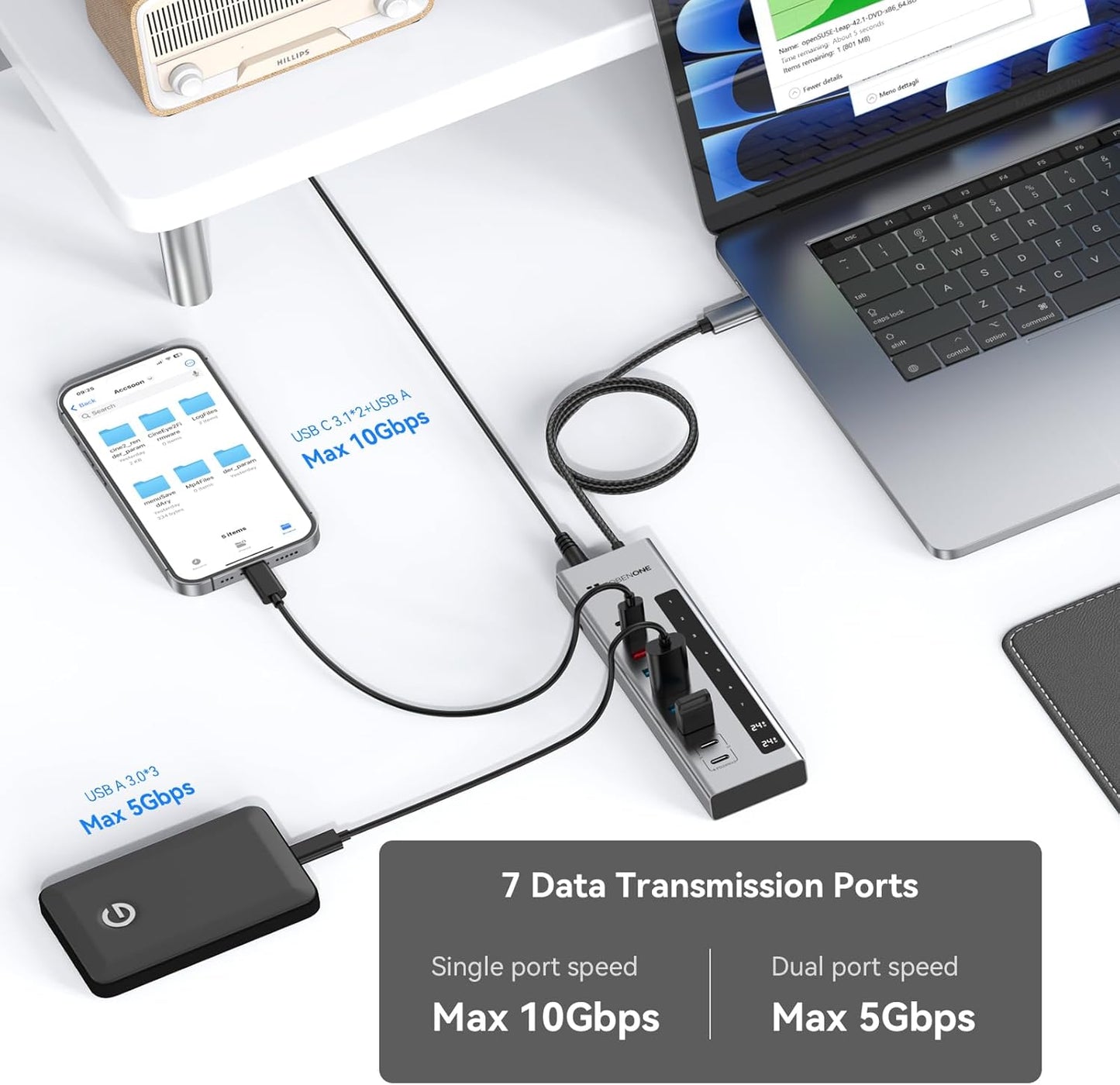 TobenONE Powered USB C Hub, 11-in-1 10Gbps USB C Splitter with 5 USB-A and 5 USB-C, 72W Adapter, 100W PD-IN, 45W USB C Charging Port, USB C Expander for Laptop/PC, MacBook, iPad,Phone(Not for Monitor)