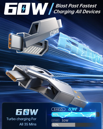 SHEZI [Upgraded 2.0] 4-in-1 USB C Cable 60W 3FT Fast Charging [480Mbps Data Transfer] Flat Nylon Braided Charger Cord Combo, USB A/C to C/L Multi Charge Cable for iPhone/iPad & Most Devices, Grey