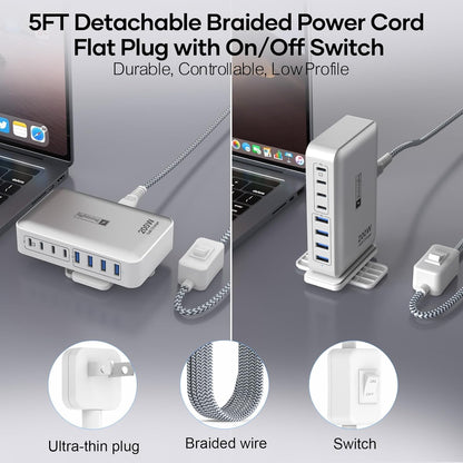 200W Charging Station for Multiple Devices, 8-Port USB C Charger Block Fast Charging, 65W Type C GaN Power Adapter for Cellphones, Tablets, Laptops, Multi Chargers USB Hub Flat Plug