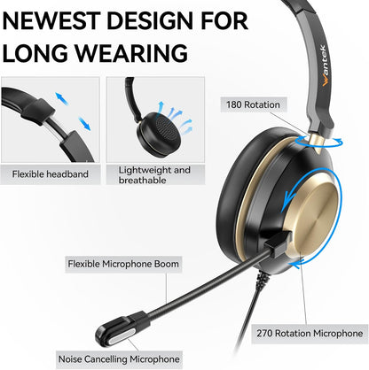 Wantek USB Headset with Microphone, Type-c/USB/3.5mm Jack 3-in-1 PC Headsets, Single Ear (Monaural) Headsets with Noise Cancelling and Volume Control for Call Centers, Skype, Zoom, Office,Business