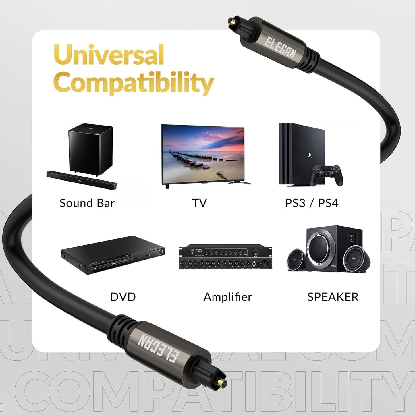 Elecan Optical Audio Cable 100 Ft Digital Audio Toslink Cable Cord-Fiber Optic-Gold Plated-Flexiable&Durable-for Home Theater,Sound Bar,PS4&Xbox-with 4 Right Angled and Mini Toslink Adapters+Ties