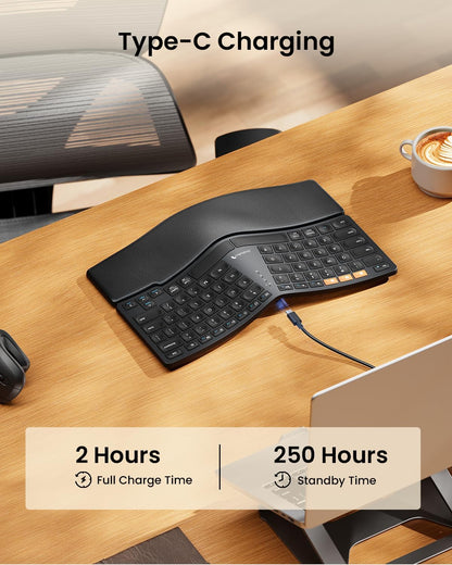ProtoArc Bluetooth Ergonomic Keyboard, EK04 Mini Compact Wireless Ergo Keyboard with Palm Rest, Split Design, Natural Typing, Bluetooth and USB, Rechargeable, for Windows/Mac - Black