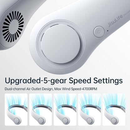 JISULIFE Portable Neck Fan, Hands-Free Bladeless, 5 Speeds, 4000 mAh Battery Operated Wearable Personal Fan, Twistable, Rechargeable, Gift for Women Men-Grey