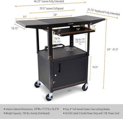 Line Leader Rolling AV Cart with Locking Cabinet, Laptop Stand, and Drop Leaves, Height Adjustable Mobile Utility Cart Workstation with Extra Storage Space, UL-Listed Power Strip (Black / 46 x 18)