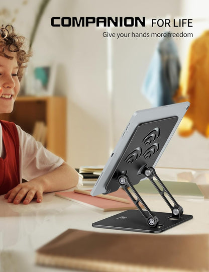 Adjustable Tablet Stand for Desk, Premium Aluminum Holder for iPads, Tablets, Kindles, Switch, Phones, and All Devices up to 14 Inches. Portable and Foldable Black, Plus Size