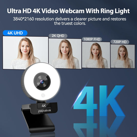 papalook 4K Autofocus Webcam with Light, UHD Web Camera with Remote Control and Dual Noise-Cancelling Mics, Plug and Play USB Webcams for PC Laptop Zoom Skype Teams Google Meet