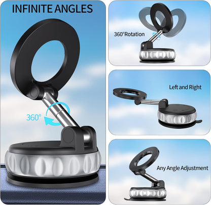 Vacuum Suction Magnetic Phone Holder, 2025 Upgraded Foldable Retractable Suction Cup Mount Magnetic Phone Mount for Your Car, 360° Adjustable Cell Phone Stand for Cars /Gyms/Mirrors/Smooth Surface