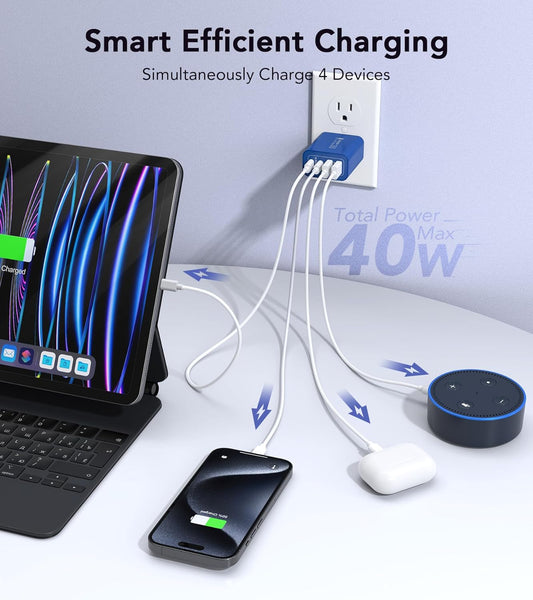 40W USB C Super Fast Charger Cube, 2 Pack PD + QC Charging Block Power Adapter 4 Port Wall Mount Plug for iPhone 16 15 14 13 12, Motorola, LG, Google Pixel 6a/6 Pro/6/5a/5/4/4A Box Brick (Dark Blue)