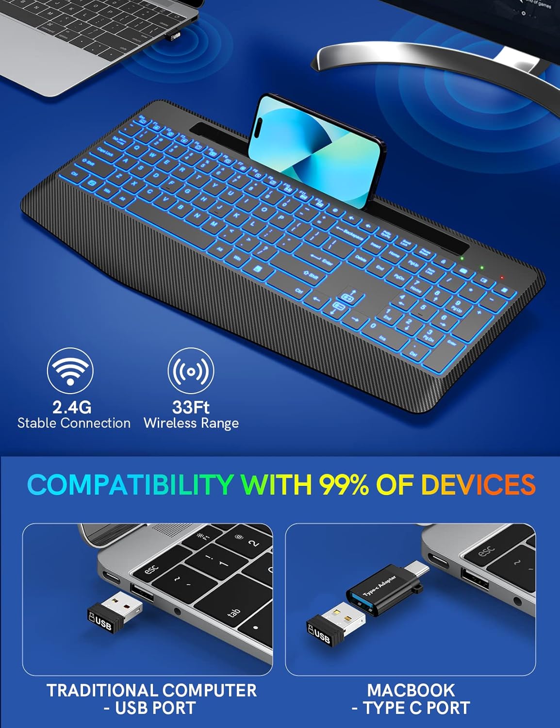 Wireless Keyboard with 7 Colored Backlits, Wrist Rest, Phone Holder, Rechargeable Ergonomic Computer Keyboard with Silent Keys, Full Size Lighted Keyboard for Windows, MacBook, PC, Laptop (Black)