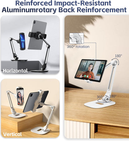 Tablet Stand Universal Holder for 4.9" - 12.9" Devices, 360° Rotating Security Stand for iPad, iPad Air, Samsung, Height Adjustable Foldable Table Top (White)