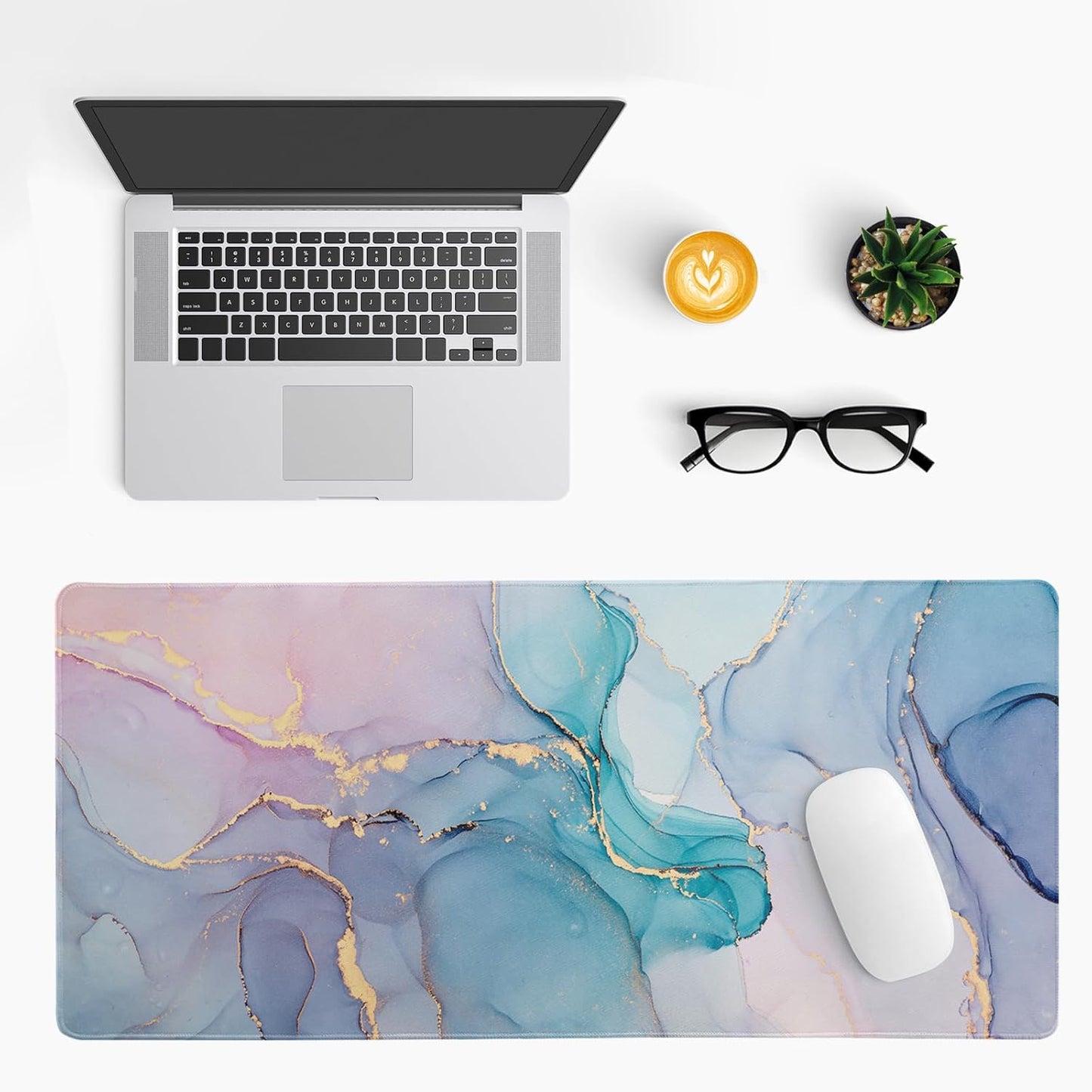 Teal Marble Extended Mouse Pad 31.5x11.8 Inch Turquoise Desk Marble Mousepad Extended Large Non-Slip Rubber Base Waterproof Big Keyboard Mat with Stitched Edges for Gaming and Office