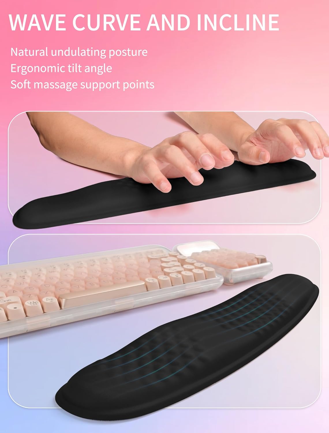 Hokafenle 2in1 Combination, Wave Keyboard Wrist Rest and Ergonomic Curvature Mouse Pad Wrist Support for Relieve Wrist Pain, Filled with Soft Cushion Memory Foam, Black