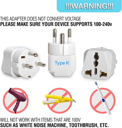 Ceptics Denmark Travel Plug Adapter (Type K) - 3 Pack (Does Not Convert Voltage) (GP-20-3PK) [Grounded & Universal]