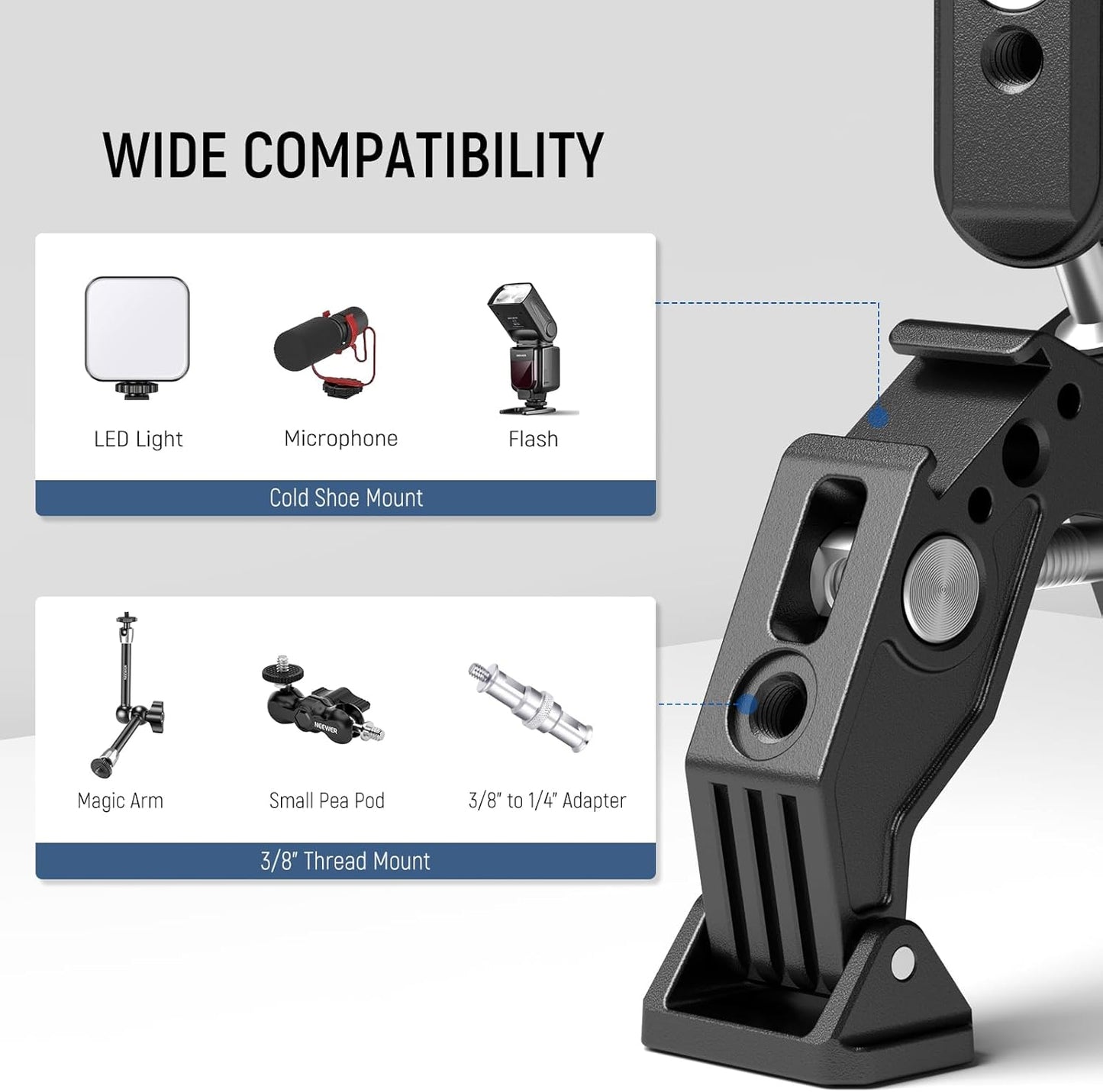 NEEWER Double Super Clamp with Magic Arm, Cleaning Cloth, Umbrella Camera Pole Clamp Mount for Desk Photo Studio Light Stand, Reflector, Scrim, Cross Bar, Motorcycle, Photography Accessories, UA036