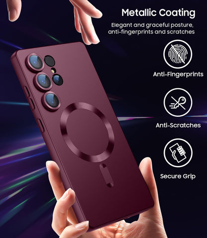 Magnetic for Samsung Galaxy S25 Ultra Case [Compatible with MagSafe][Built-in Camera Lens Protector] Slim Soft Silicone Bumper Shockproof Metallic Luster Phone Shell (Burgundy)