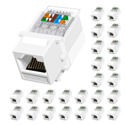 Cat6 RJ45 Keystone Jacks Toolless 25-Pack, Female RJ45 Connectors, Ethernet Keystone Jack No Punch-Down Tool Required Module Coupler (Not for Patch Panel),White