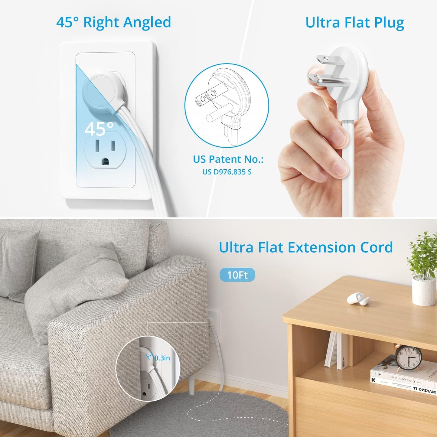 TROND Surge Protector Power Strip with USB, Ultra Thin Flat Plug 10ft Extension Cord 1625W, 3 USB-A & 1 USB-C, 8AC Outlets 1440J Surge Protection Wall Mount for Home Office Dorm Room Essentials, White