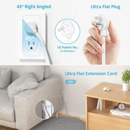 TROND Surge Protector Power Strip with USB, Ultra Thin Flat Plug 10ft Extension Cord 1625W, 3 USB-A & 1 USB-C, 8AC Outlets 1440J Surge Protection Wall Mount for Home Office Dorm Room Essentials, White