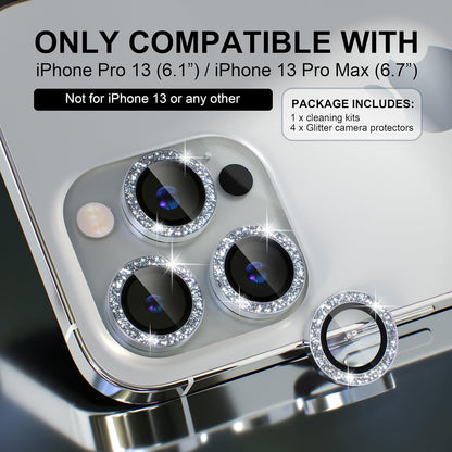 Choiche [3+1 for iPhone 13 Pro/iPhone 13 Pro Max Camera Lens Protector Bling, 9H Tempered Glass Camera Cover Screen Protector Metal Ring Decoration Accessories (Glitter-Silver)