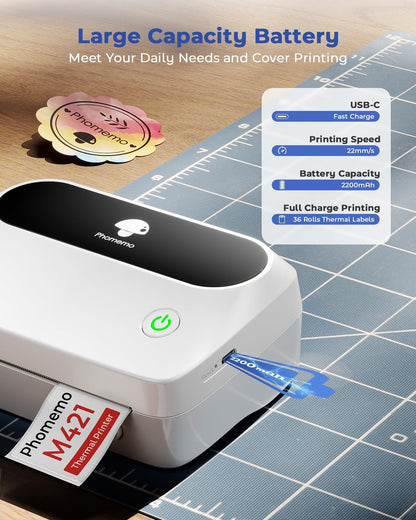 Phomemo Thermal Label Printer, Bluetooth M421 4 x 6 Shipping Label Printer, Portable Printers for Shipping, Warehouse, Barcode, Address,Compatible with Phone & PC,