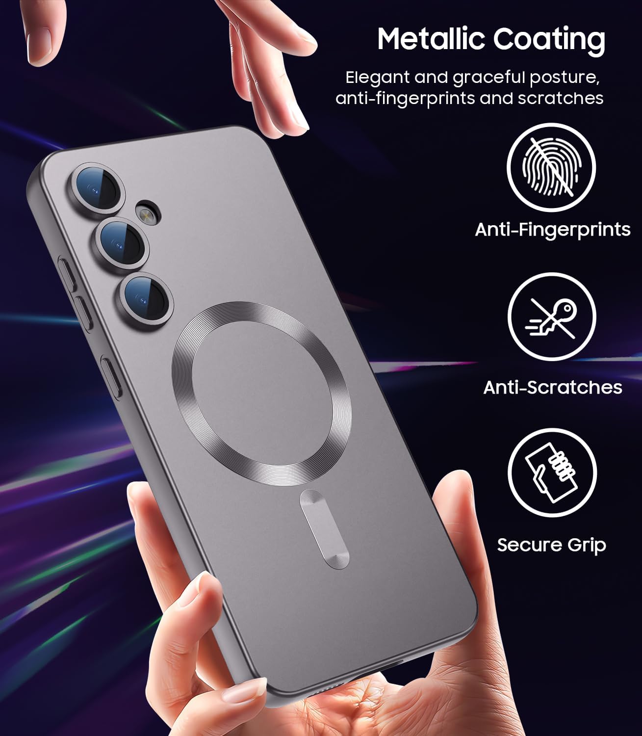 Magnetic for Samsung Galaxy S25 Plus Case [Compatible with MagSafe][Built-in Camera Lens Protector] Slim Soft Silicone Bumper Shockproof Metallic Luster Phone Case (Gray)