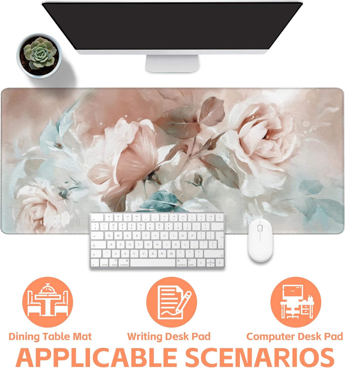 Mouse Pad Large Rose and Leaves Non-Slip Game Desk Mat with Stitched Edge Laptop Keyboard Desk Pad for Work Home Gaming (35.4 x 15.7 Inches)