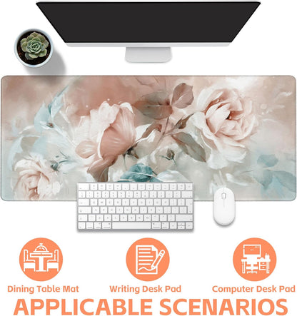 Mouse Pad Large Rose and Leaves Non-Slip Game Desk Mat with Stitched Edge Laptop Keyboard Desk Pad for Work Home Gaming (35.4 x 15.7 Inches)