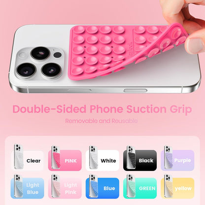 2PCS Silicone Suction Cup Phone Case Mount Double Sided, Hands-Free Phone Accessories Holder for Selfies and Videos, Silicon Sticky Phone Grip for iPhone and Android, Transparent&Hot Pink