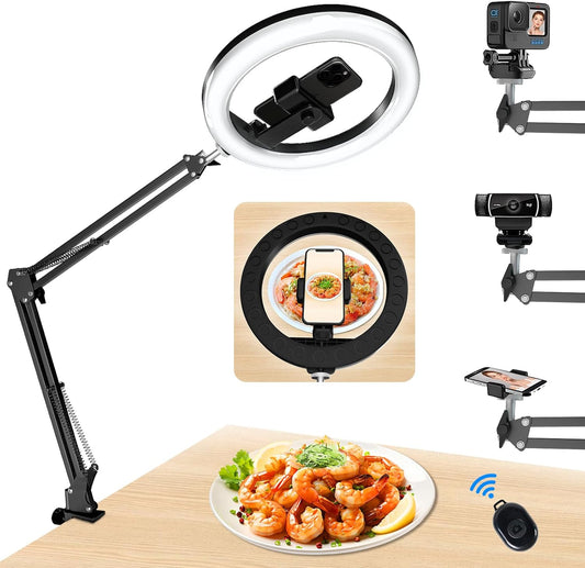 Overhead Phone Mount with Ring Light, 10’’ LED Selfie Light for Desk,with Stand and Phone Holder for iPhone and Camera,Overhead Tripod for Video Recording, Live Streaming, Zoom Meeting