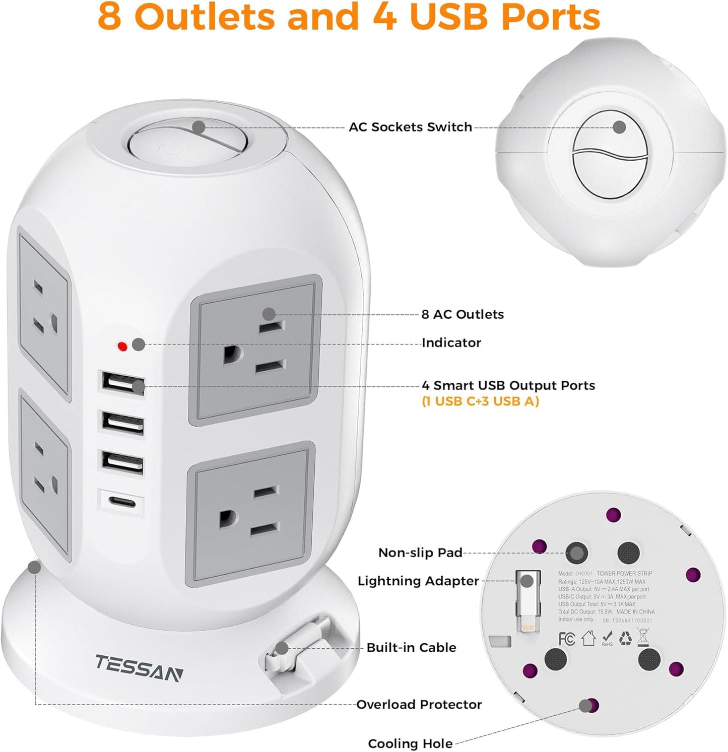 Tower Power Strip Surge Protector 10 Ft, TESSAN Flat Plug Extension Cord with Multiple Outlets, 8 AC Outlets, 4 USB Ports, 1 Built-in USB Cable, Desk Charging Station for Home Dorm Office