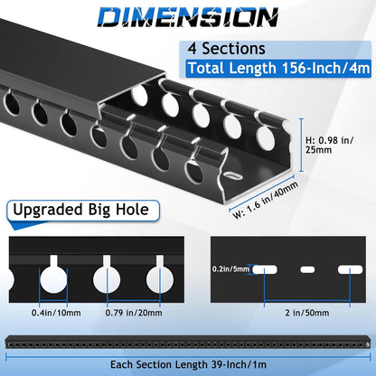 ZhiYo Cable Raceway 156in(4X L39in), Server Rack Cable Management Under Desk Cord Organizer, Electrical Safe PVC Cable Channel Open Slot Wire Raceway for Network/PC/TVs, Wire Duct H1 x W1.6in Black