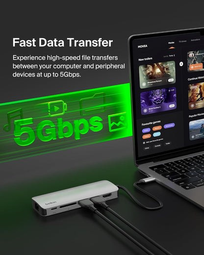 Belkin USB-C Hub - 6-in-1 Multi-Port Adapter Dock with 4K HDMI, USB-C 100W PD Pass-Through Charging, 2X USB-A Ports, Gigabit Ethernet Ports, and SD Slot for MacBook Pro, Air, iPad, Pro, XPS and More