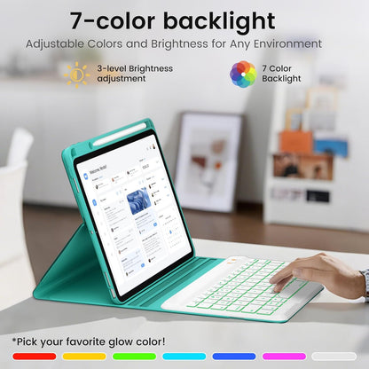 BLUTLOTUS for iPad 11th A16 10th Generation Case with Keyboard - 7 Colors Backlit Wireless Detachable Folio Keyboard Cover with Pencil Holder for iPad 11 inch A16 2025 10th Gen 10.9 Inch 2022 (Teal)