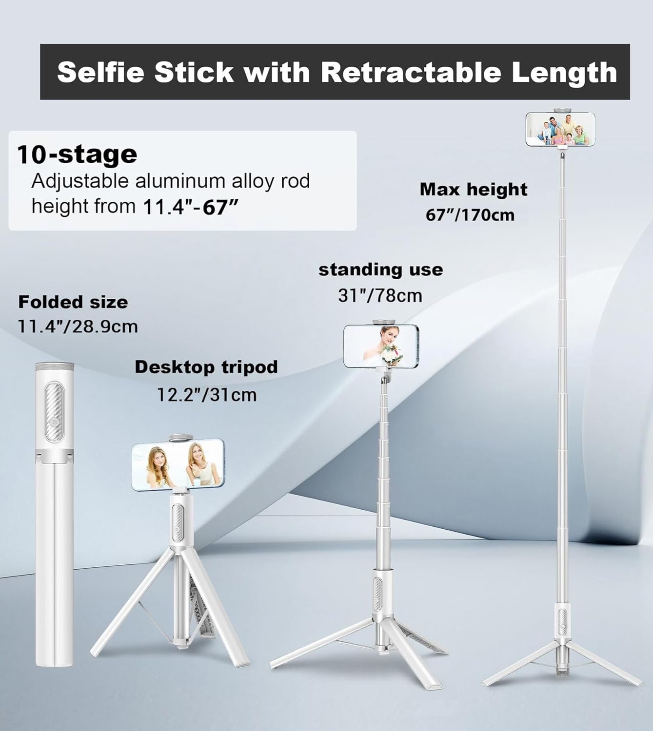 TONEOF 67" Travel Tripod,Selfie Stick,All-in-1 Phone Stand with Integrated Wireless Remote,Lightweight and Portable,Extendable for iPhone and Android(White)