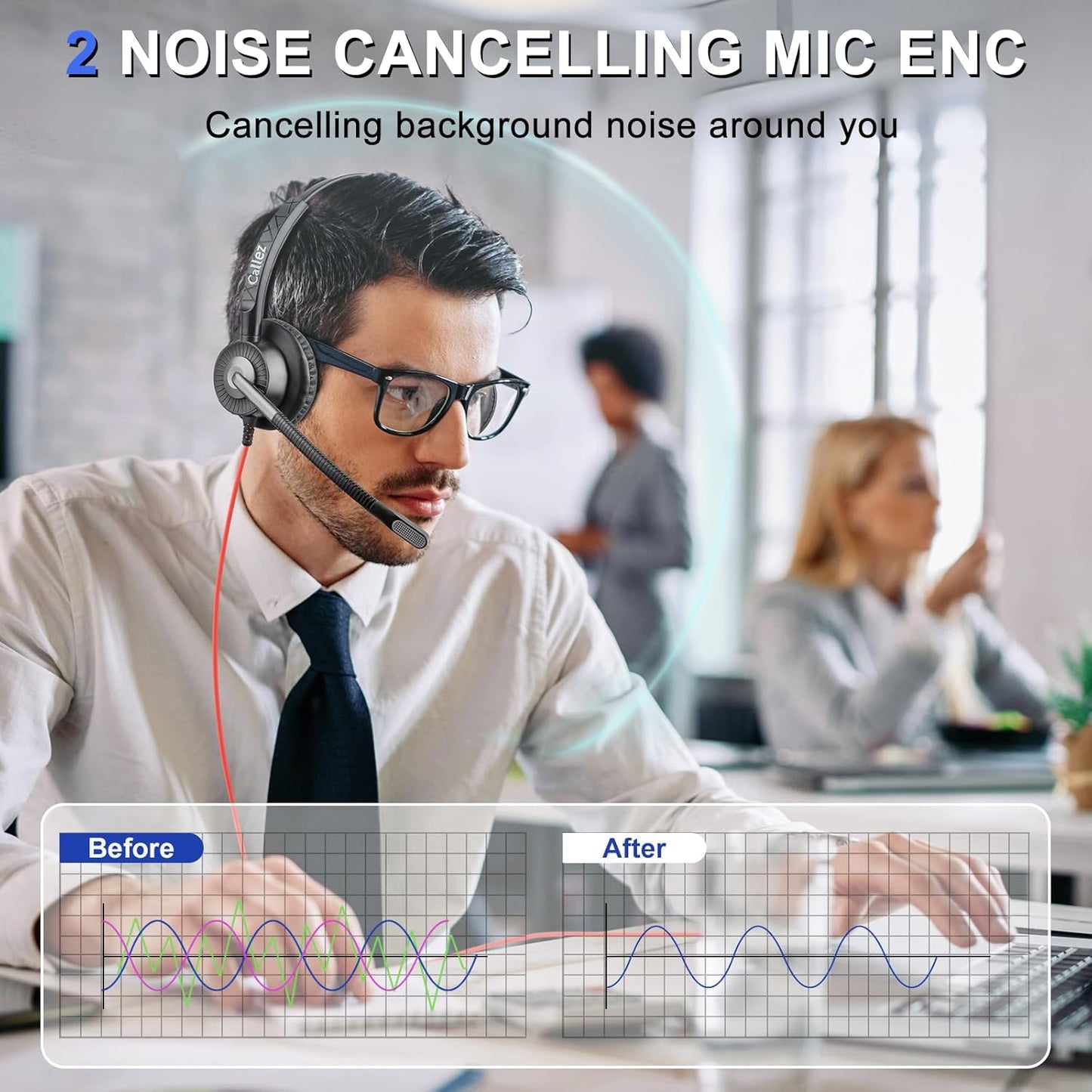 Callez USB Headset with ENC Dual Mic Noise Cancelling for PC Laptop Mac, Computer Headset with MS Teams Call Button Wired Stereo Headphones for Teams Zoom Home Office Work Call Center