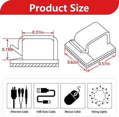 100PCS Cable Clips, Adhesive Wire Clips Organizer Cord Clips Management, Cable Staples Outdoor Strong for Wall, Desk, Christmas Lights, String Lights, Fairy Lights, Clear Glossy, Small