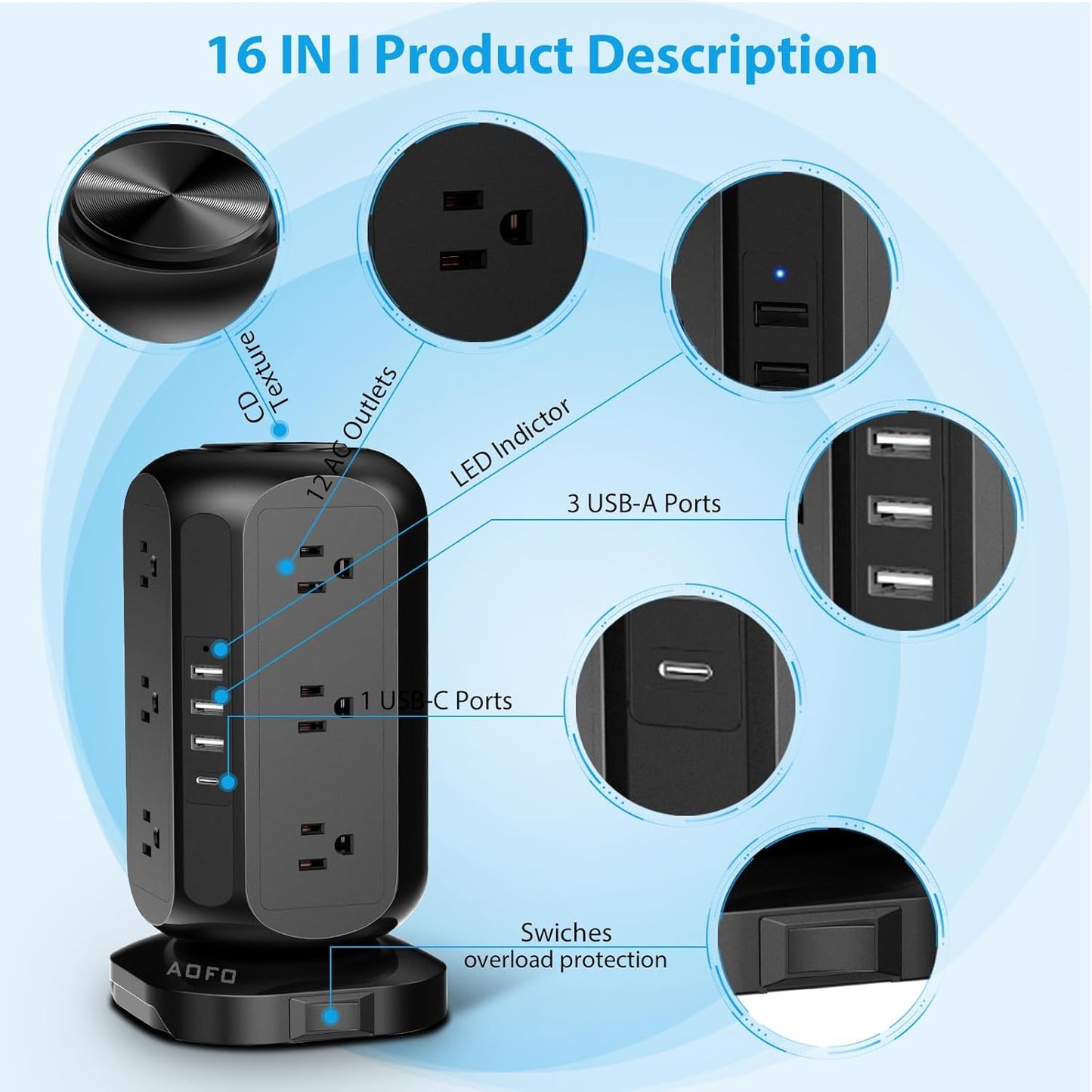 Long Extension Cord 15 ft Power Strip Tower, Surge Protector 12 AC Outlets 4 USB(1 USB C) Ports, Charging Tower Overload Protection with Multiple Outlets for Home Office