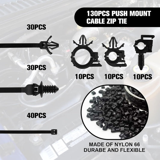 130 Pcs Push Mount Cable Ties Standard Zip Tie Mount Car Wire Loom Routing Clips for Polaris UTV Jeep Wrangler Vehicles Home Appliances 6 Different Sizes Universal Management Cable Ties
