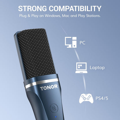 TONOR TC-777 Podcast Microphone, USB Computer Microphone, Cardioid Condenser PC Mic with Tripod Stand and Pop Filter for Podcasting, Streaming, Vocal Recording, Compatible with PC & Laptop, PS4/5