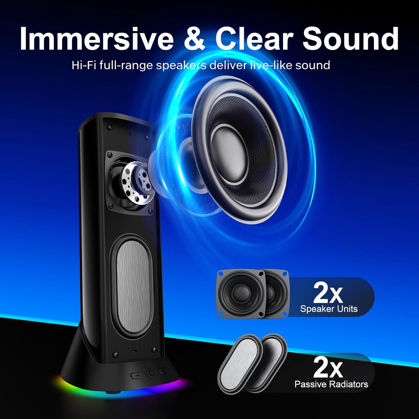 Nylavee Computer Speakers – Hi-Fi Stereo PC Speakers with 9 LED Lighting Modes, Enhanced Bass and Sound, USB/Type-C Powered and 3.5mm Audio Wired Desktop Speakers for PC, Laptop, Monitor, PS5, Xbox