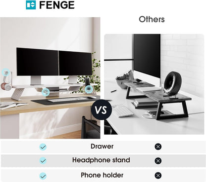 Fenge Dual Monitor Stand, 42.5 Inch Monitor Riser for Desk, Wood Desk Shelf for 2 Monitors, 2 Tier Monitor Shelf with Headphone Stand & Phone Holder